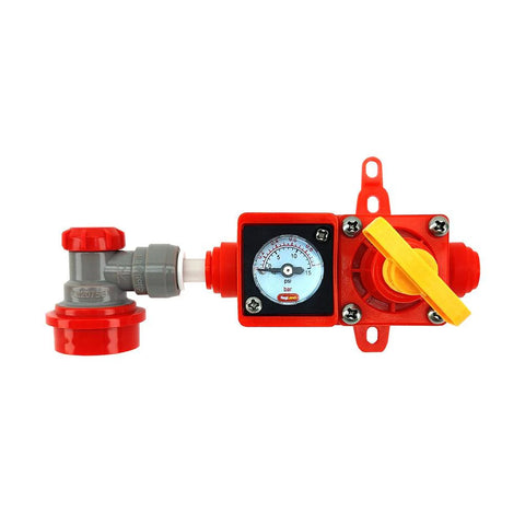 Spunding valve/pressure Relief with integrated 0-15psi gauge.
